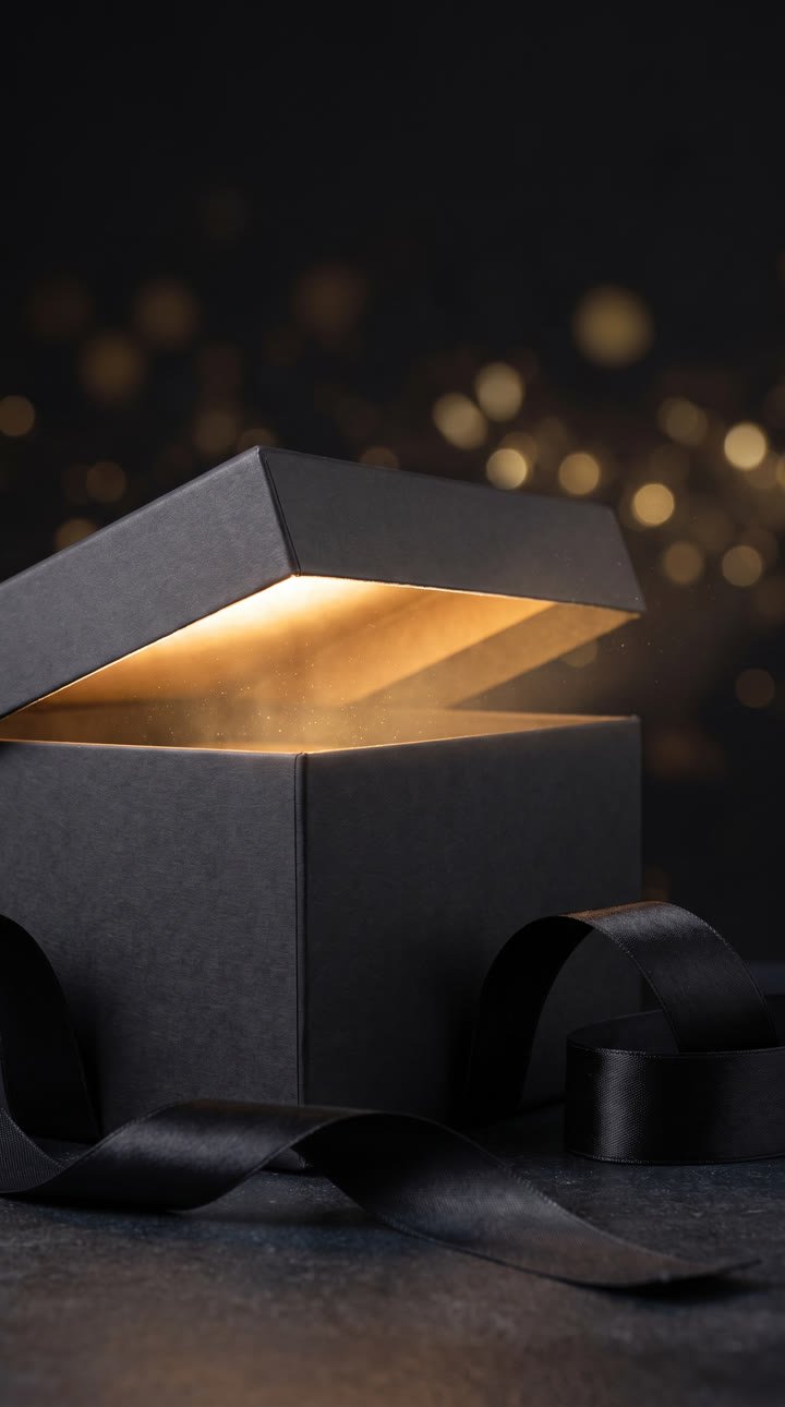 Sample ad: a black gift box opening with gold light inside