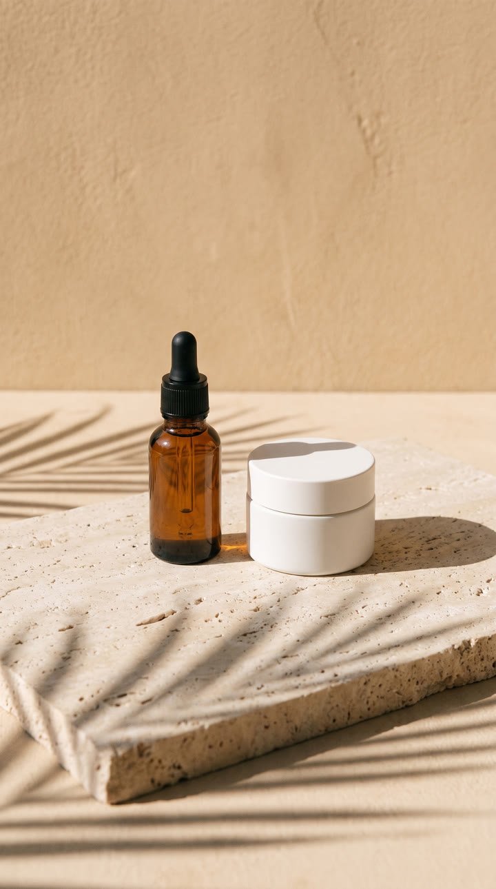 Sample ad: an amber serum bottle and cream jar on travertine