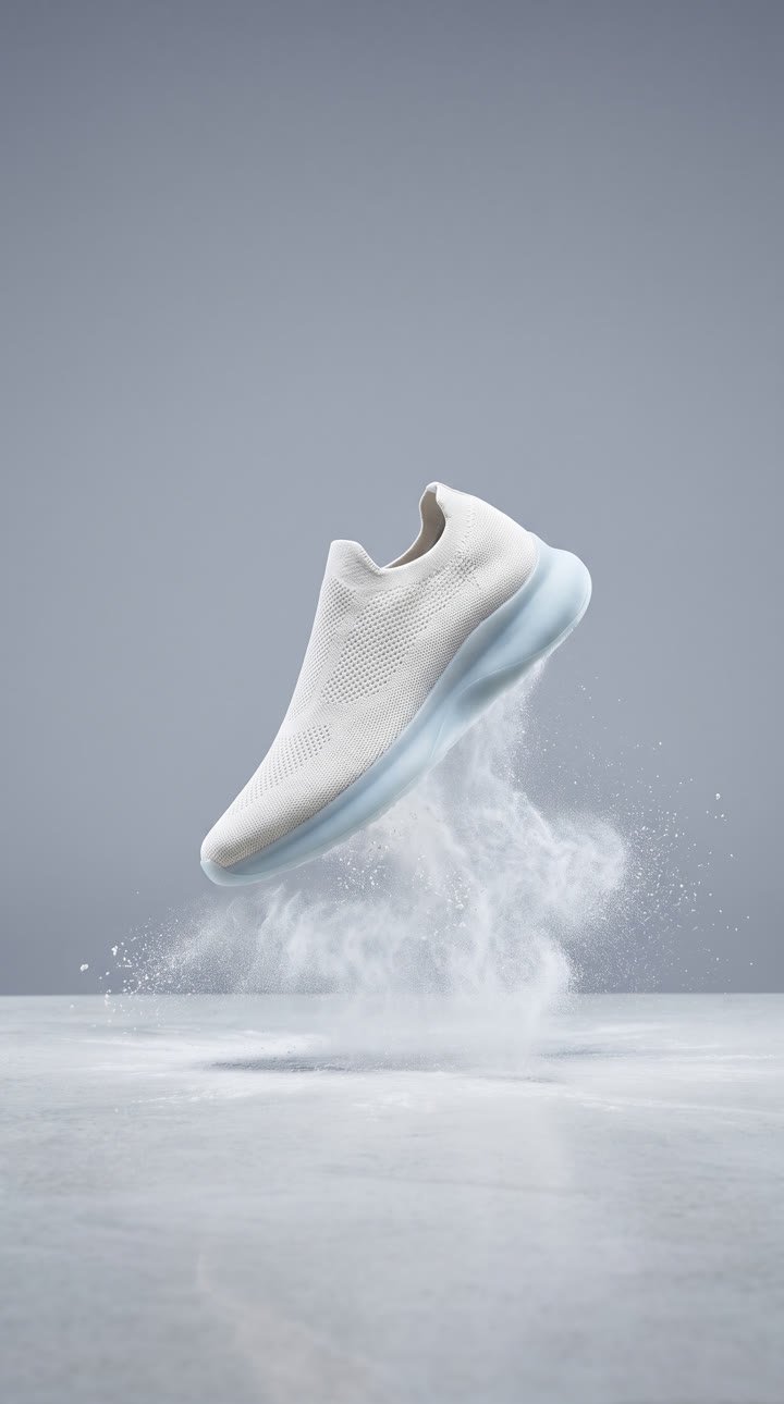 Sample ad: a white knit sneaker mid-air over a burst of dust