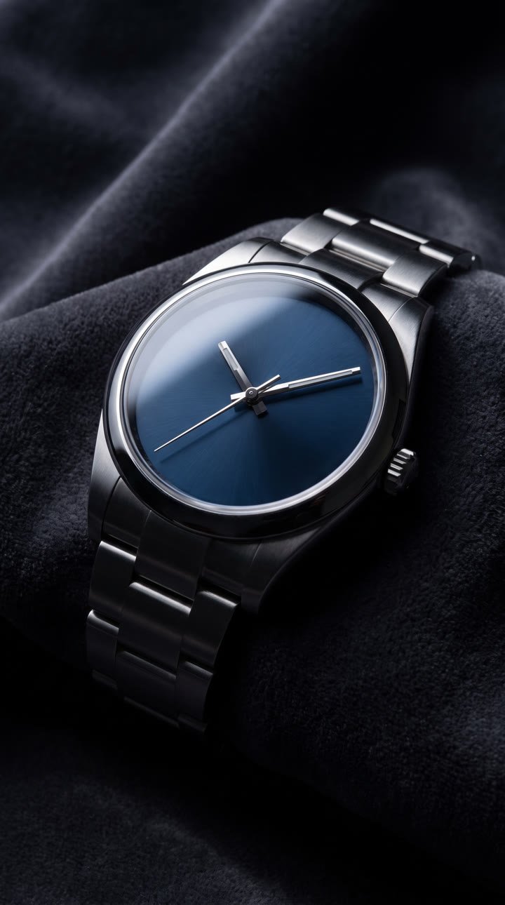 Sample ad: a steel watch with a blue dial on dark velvet