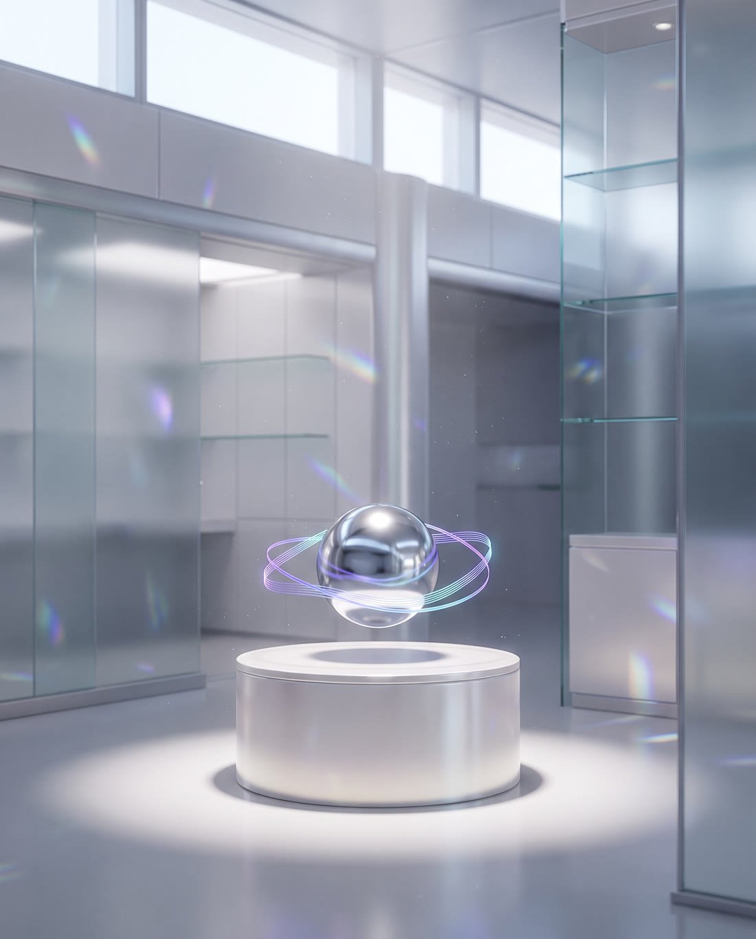 A chrome sphere floating above a white pedestal, circled by rings of colored light