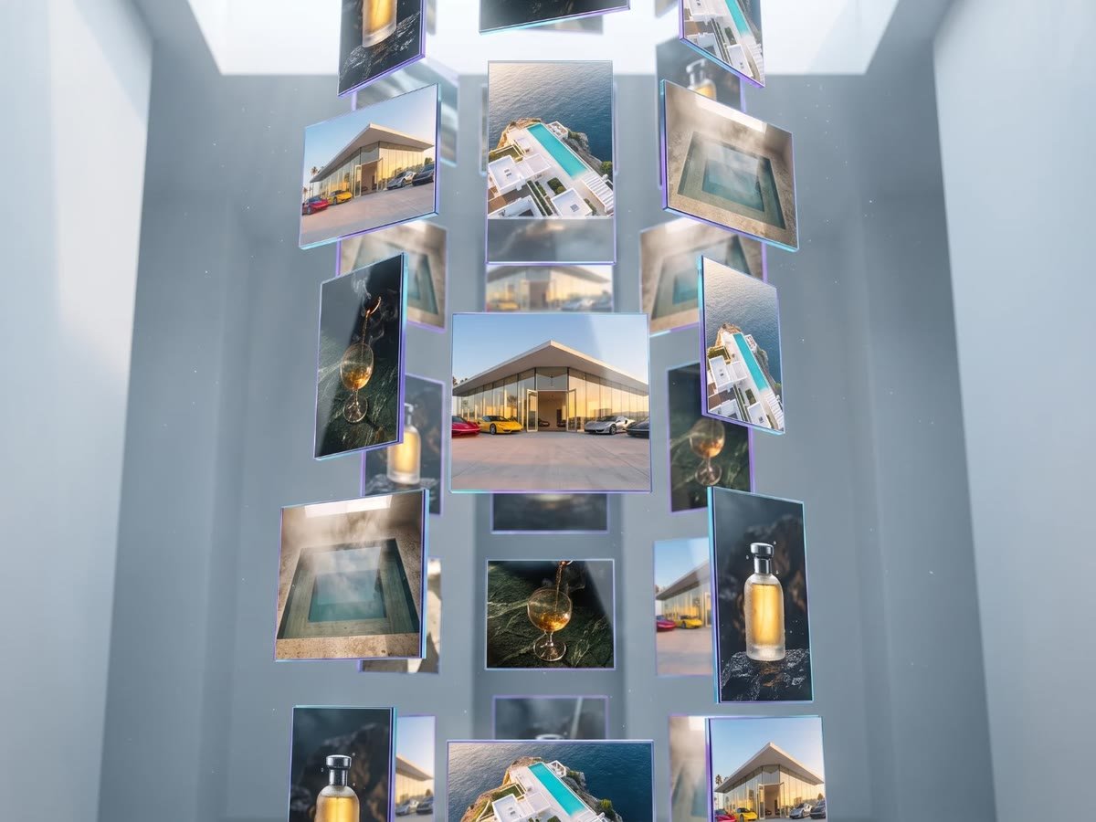 Glass panels showing website previews, floating in a bright white shaft