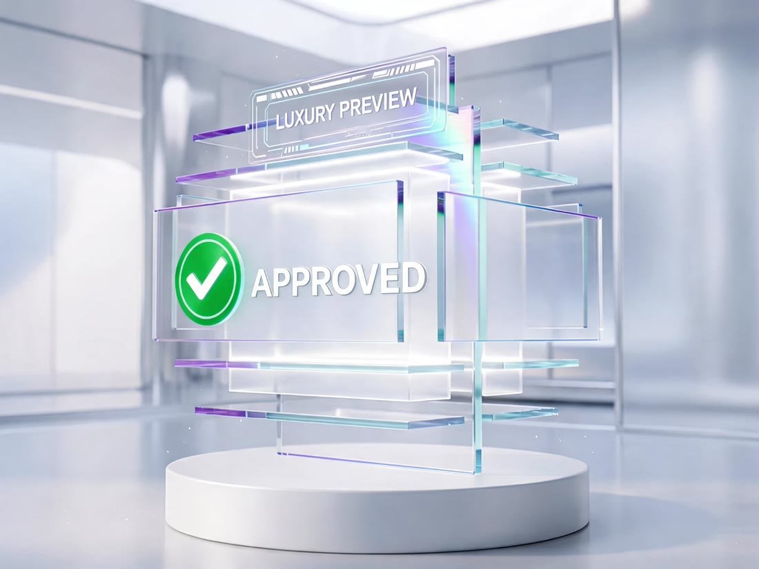 A layered glass sculpture on a white plinth showing a luxury preview marked approved with a green check