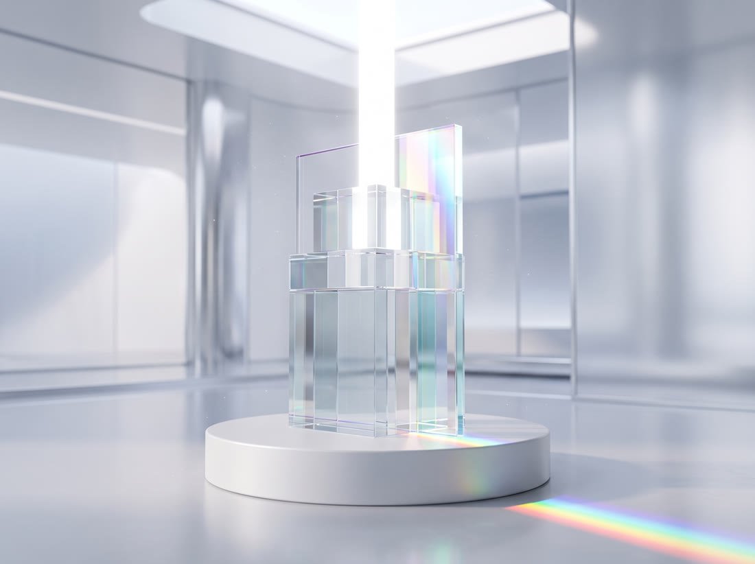 A finished glass structure on the plinth sending a beam of light upward