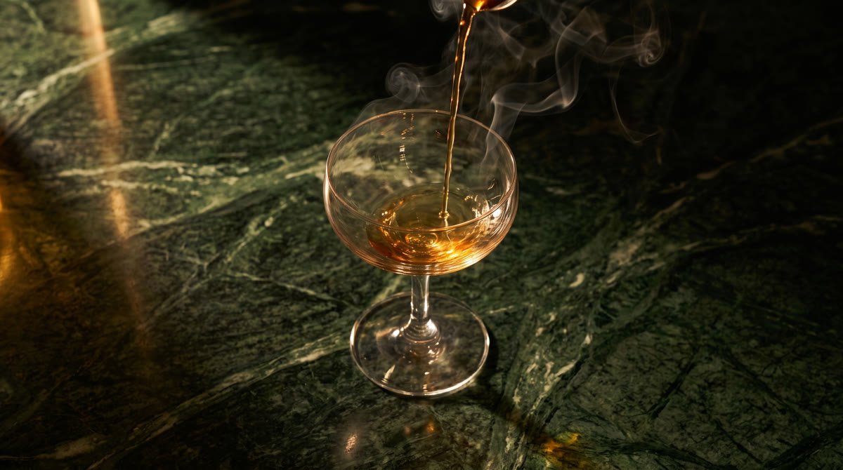 Last Call template preview: an amber cocktail poured into a coupe glass