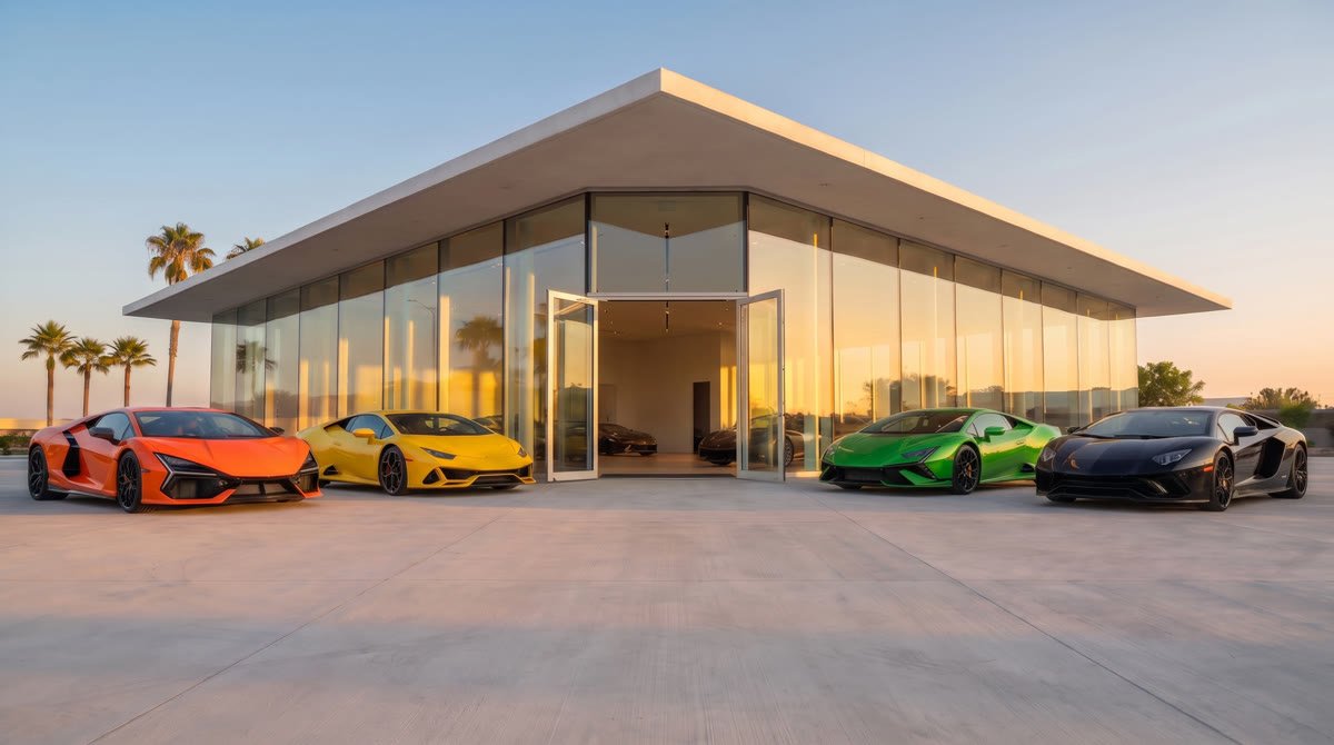 Supercars parked outside a glass showroom at golden hour
