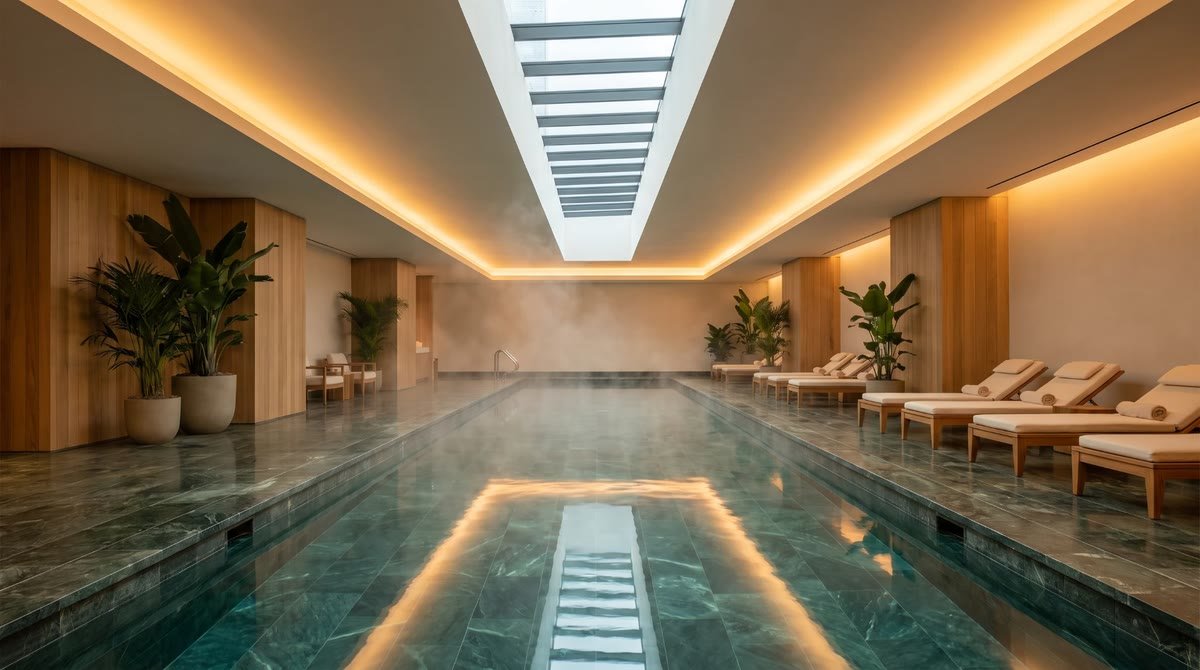 Still Water template preview: a steaming indoor pool under a skylight, with teak loungers and warm cove lighting