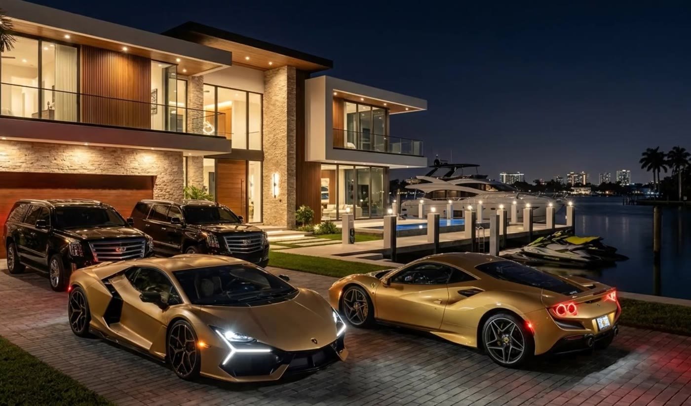 Two gold supercars in front of a waterfront mansion at night